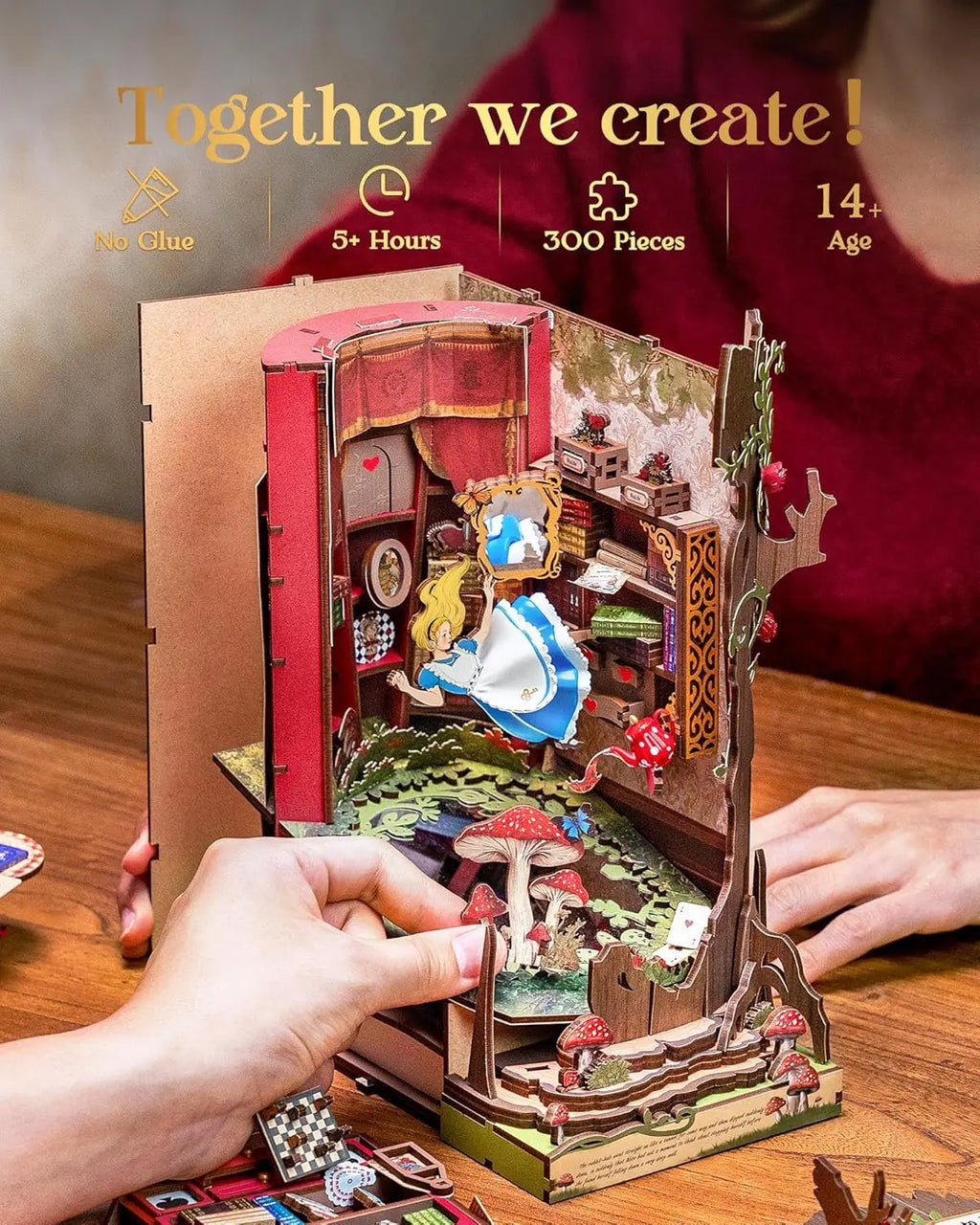 DIY book nook miniature house kit with LED lights, wooden bookshelf insert display