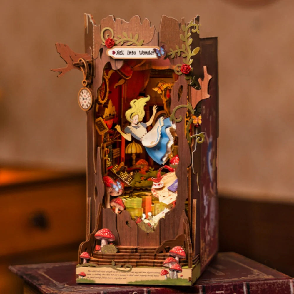 DIY book nook miniature house kit with LED lights, wooden bookshelf insert display