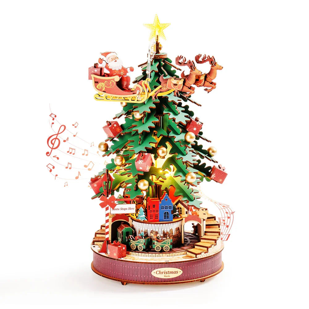 Christmas melody tree music box 3D wooden puzzle kit with light, DIY holiday build
