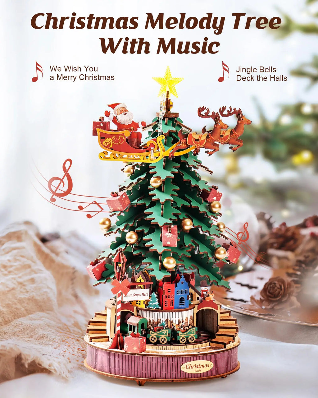 Christmas melody tree music box 3D wooden puzzle kit with light, DIY holiday build