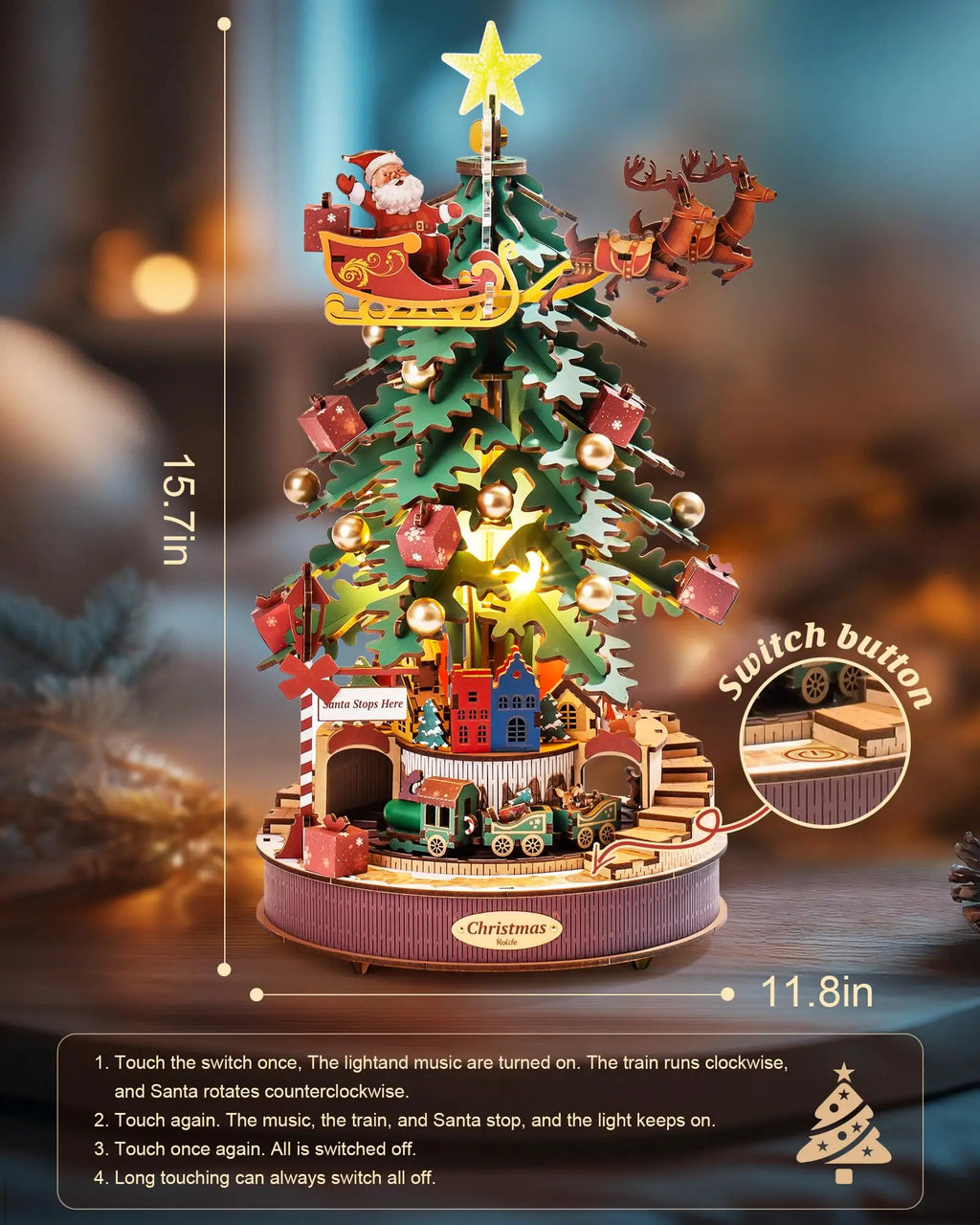 Christmas melody tree music box 3D wooden puzzle kit with light, DIY holiday build