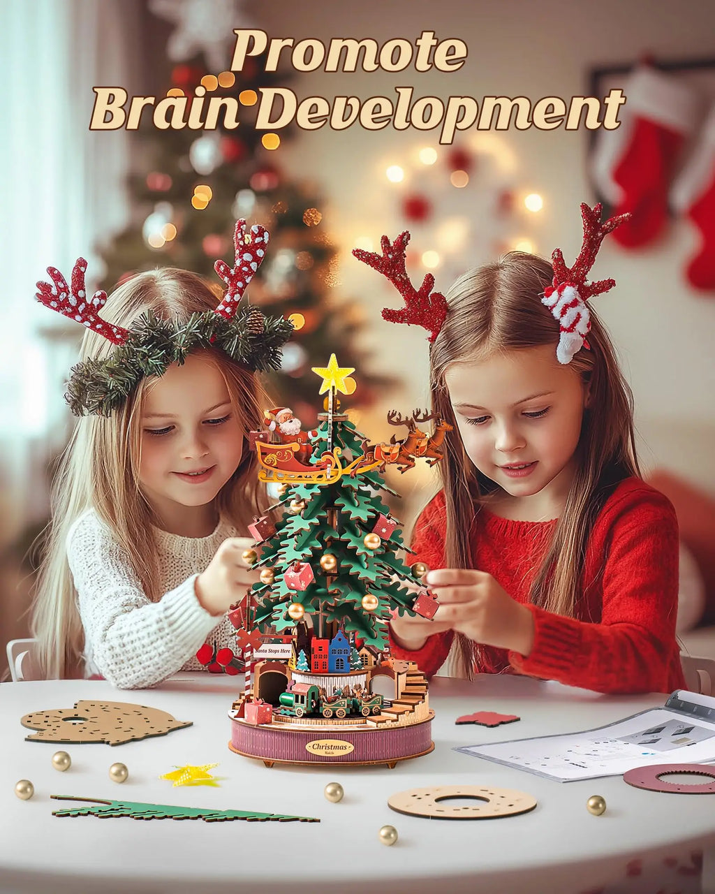 Christmas melody tree music box 3D wooden puzzle kit with light, DIY holiday build