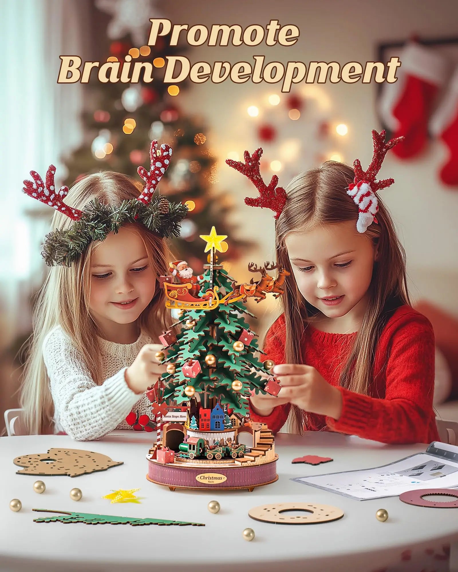 Christmas melody tree music box 3D wooden puzzle kit with light, DIY holiday build
