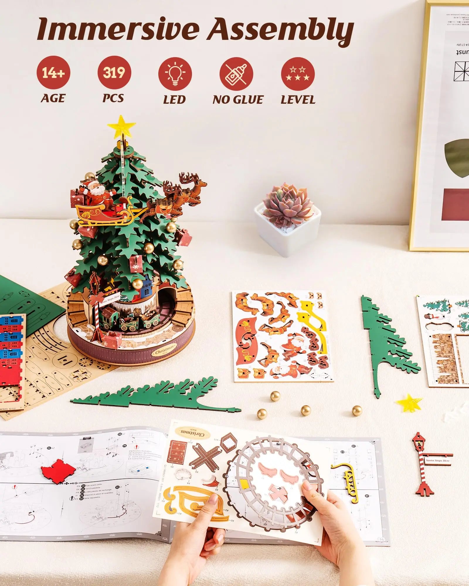 Christmas melody tree music box 3D wooden puzzle kit with light, DIY holiday build