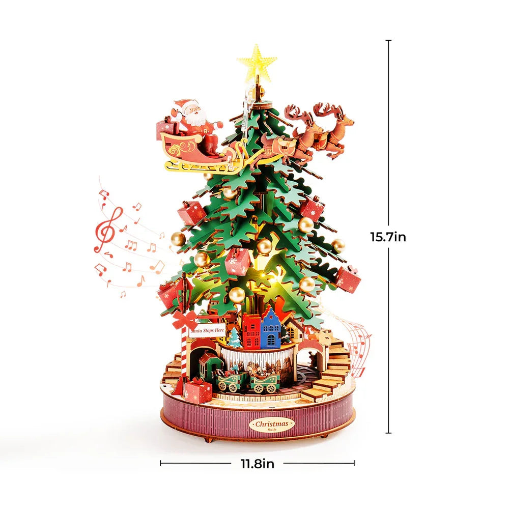 Christmas melody tree music box 3D wooden puzzle kit with light, DIY holiday build