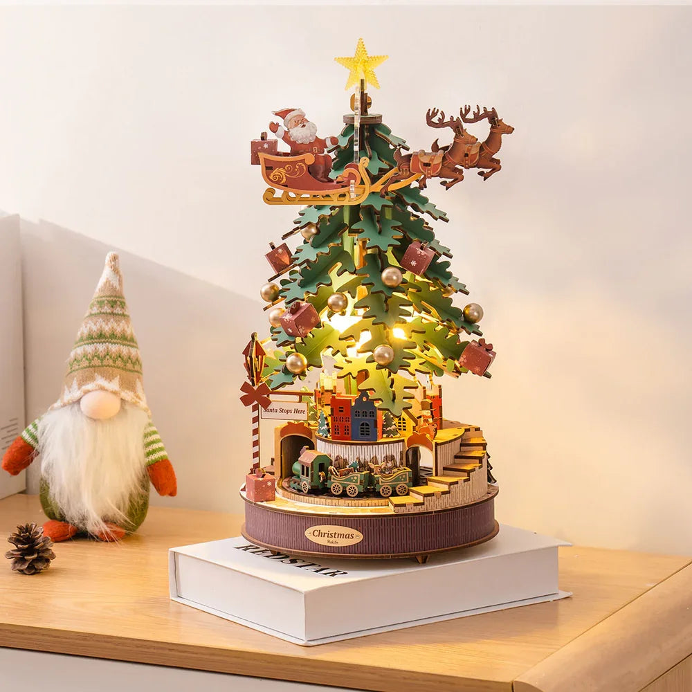 3D wooden Christmas tree music box puzzle kit with LED light, DIY holiday decoration