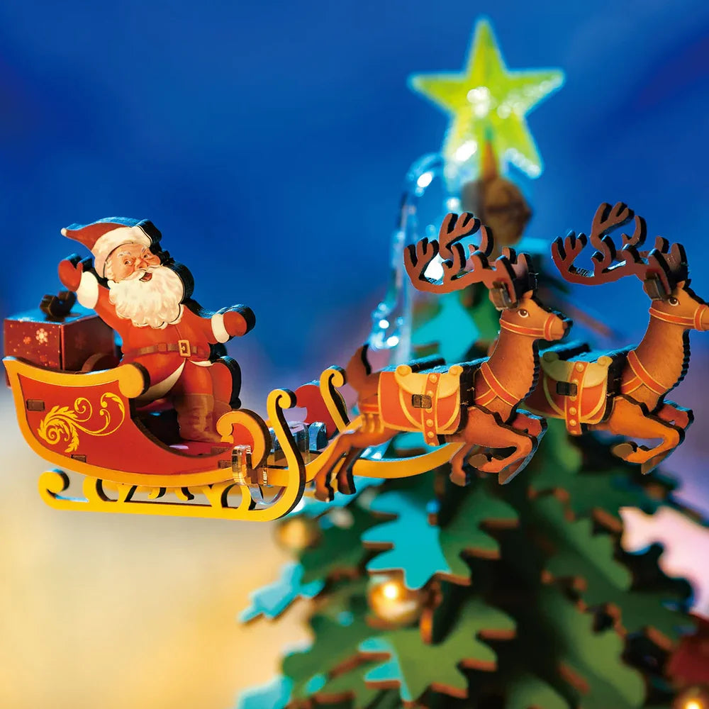 3D wooden Christmas tree music box puzzle kit with LED light, DIY holiday decoration