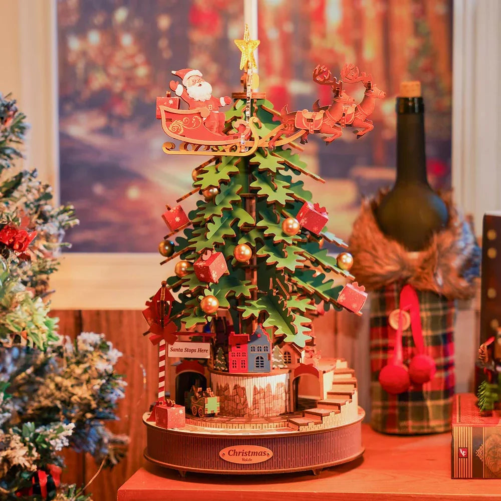 3D wooden Christmas tree music box puzzle kit with LED light, DIY holiday decoration