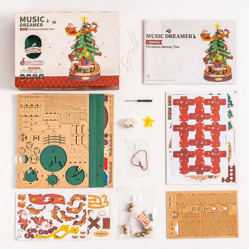 3D wooden Christmas tree music box puzzle kit with LED light, DIY holiday decoration