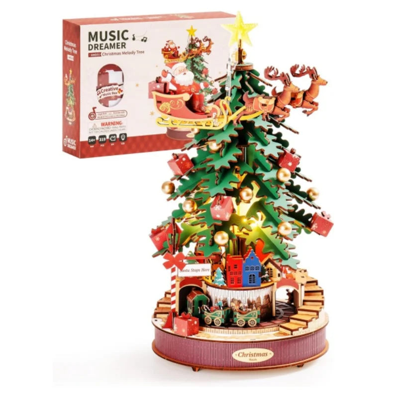 Christmas melody tree wooden music box 3D puzzle model kit, festive holiday display