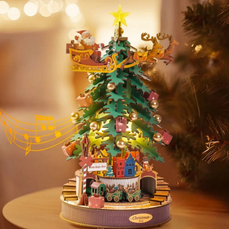 Christmas melody tree wooden music box 3D puzzle model kit, festive holiday display