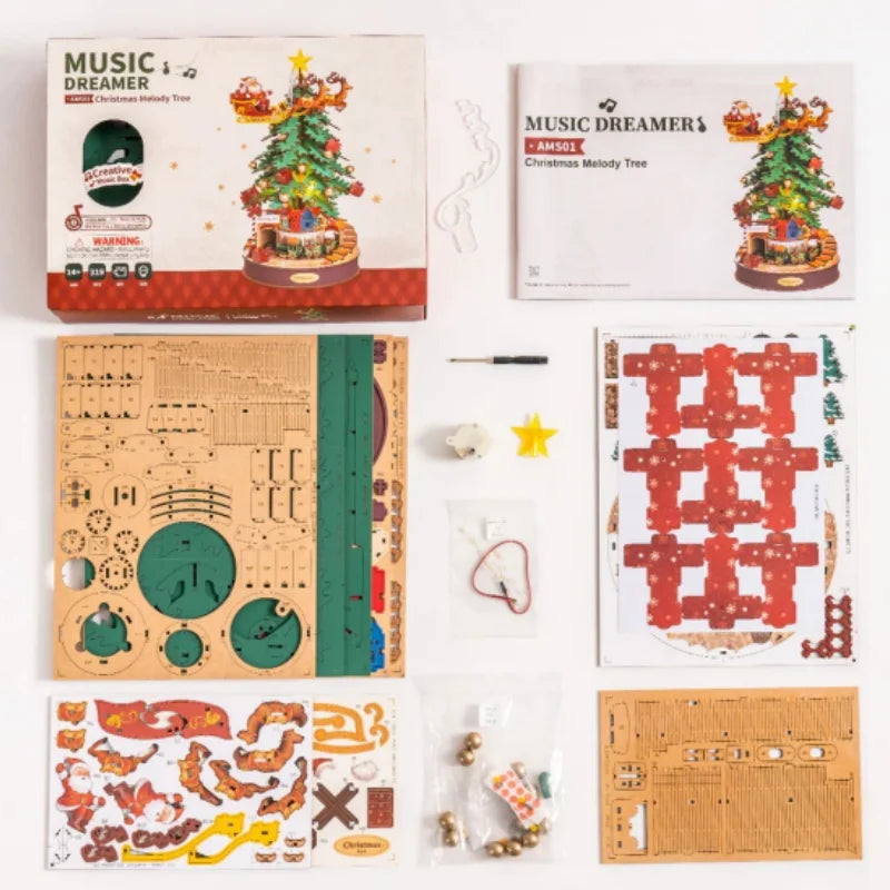 Christmas melody tree wooden music box 3D puzzle model kit, festive holiday display