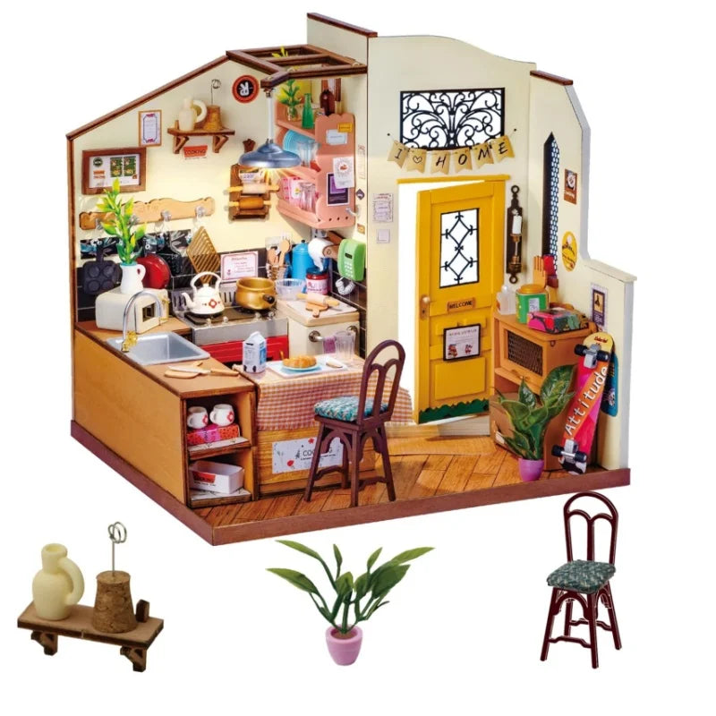 3D wooden cozy kitchen puzzle, DIY miniature house model kit