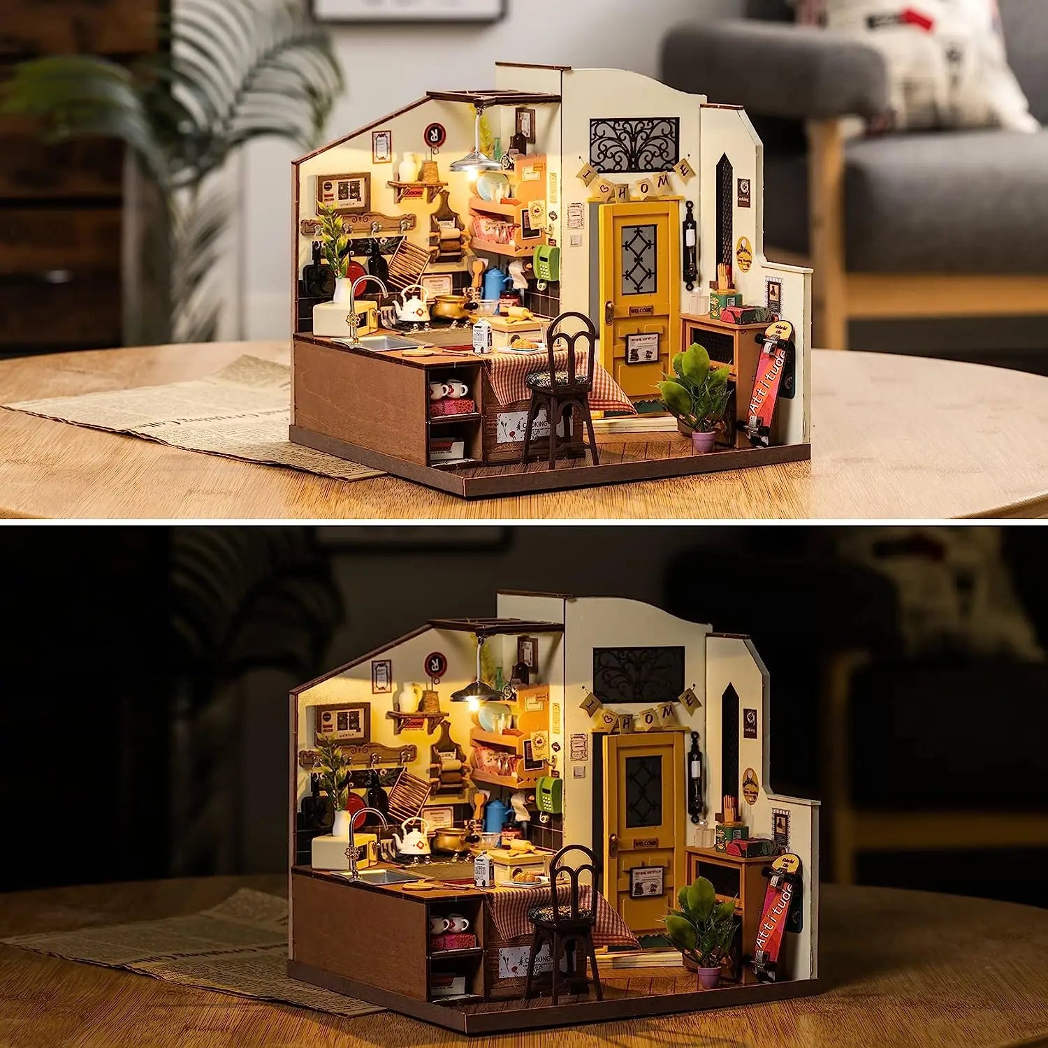 3D wooden cozy kitchen puzzle, DIY miniature house model kit