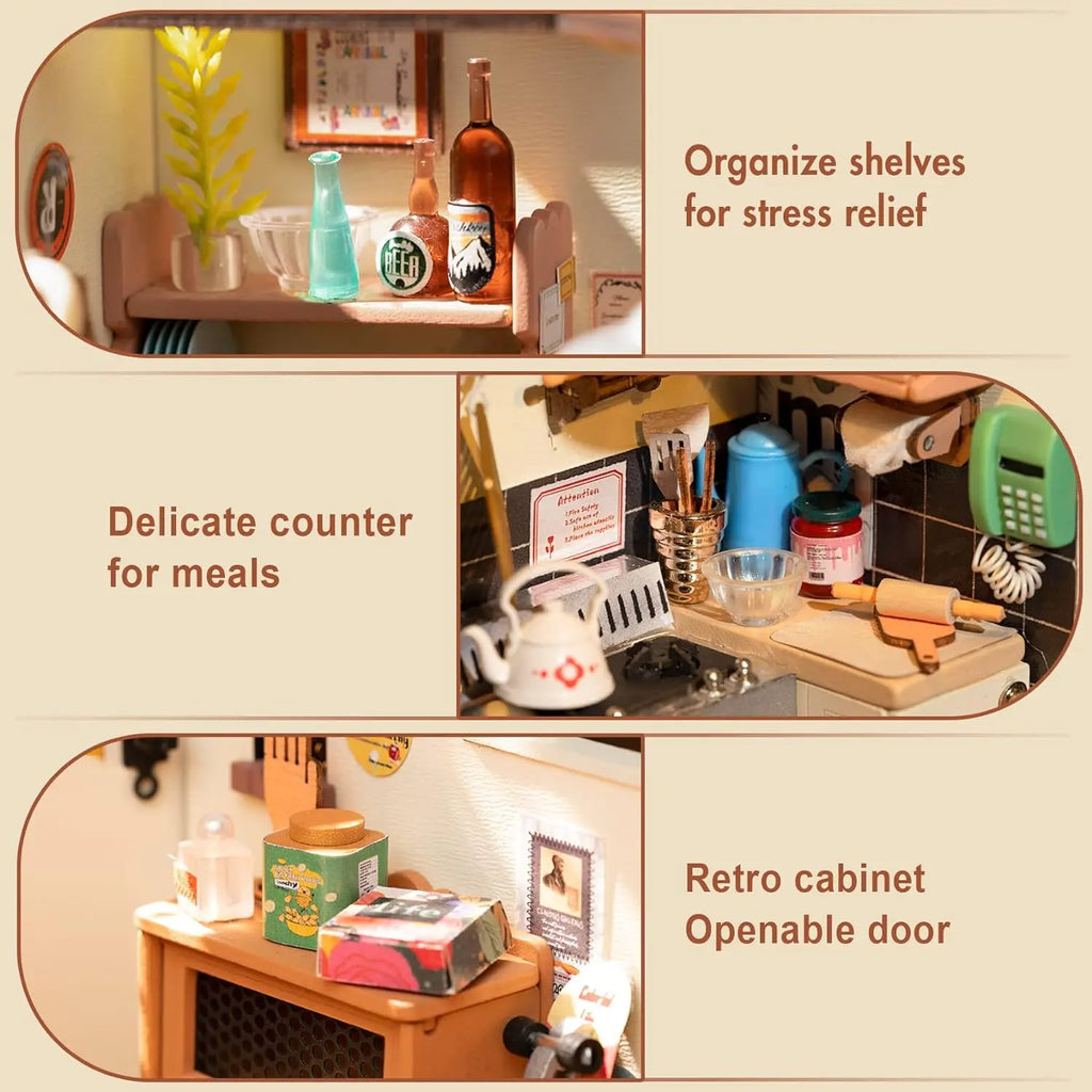 3D wooden cozy kitchen puzzle, DIY miniature house model kit