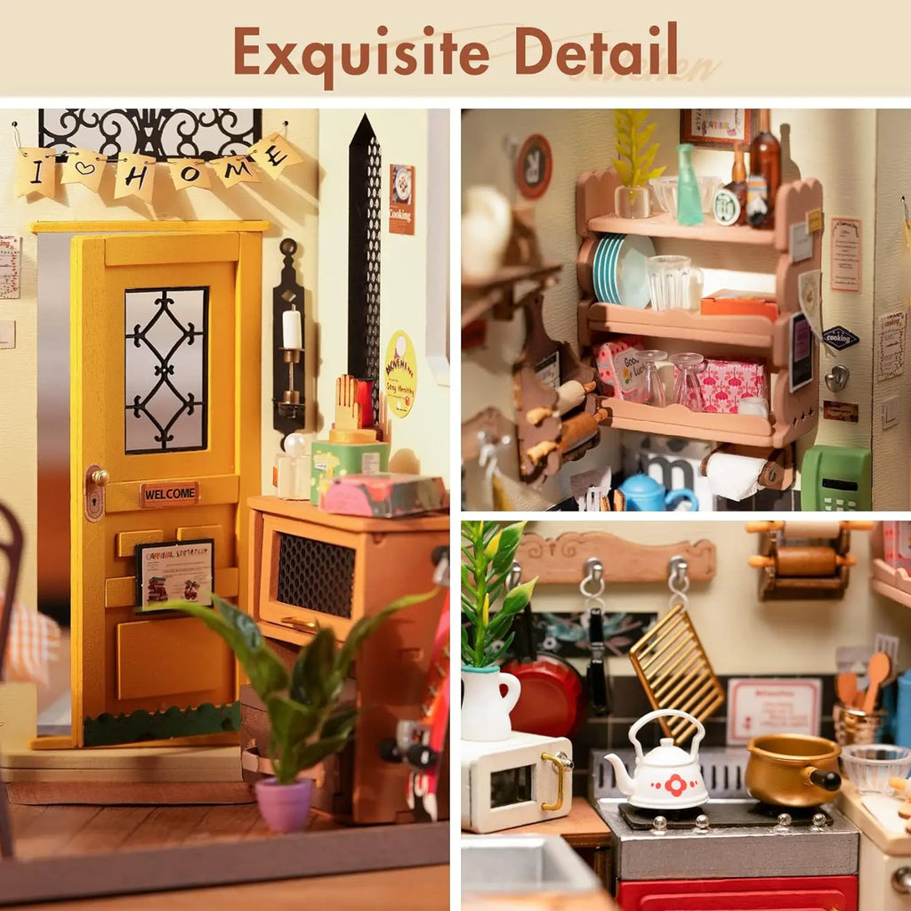 3D wooden cozy kitchen puzzle, DIY miniature house model kit