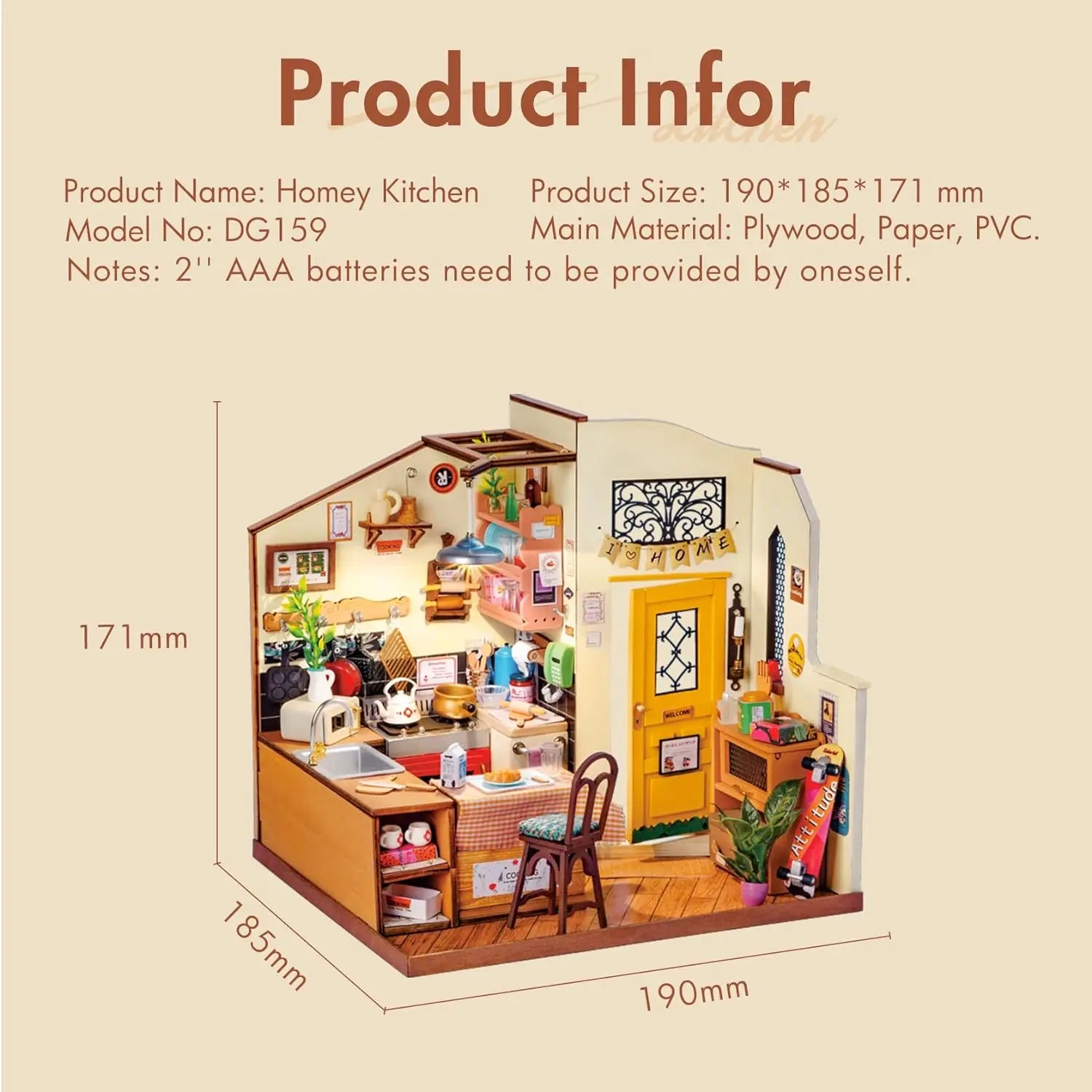 3D wooden cozy kitchen puzzle, DIY miniature house model kit