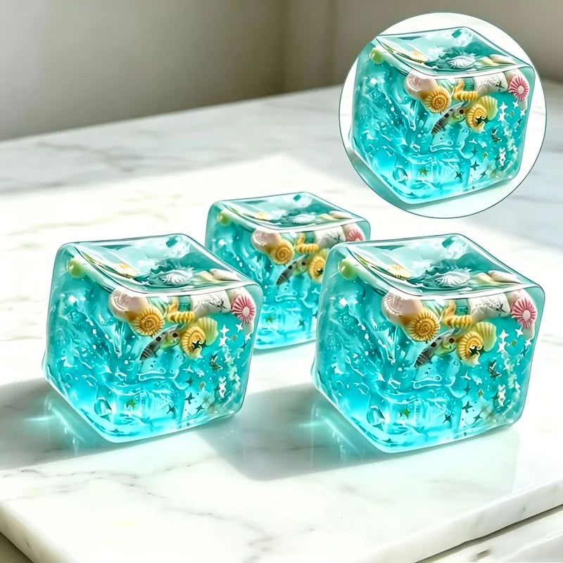 Blue ocean crystal squishy cube with shell sequins, soft jelly sensory fidget toy