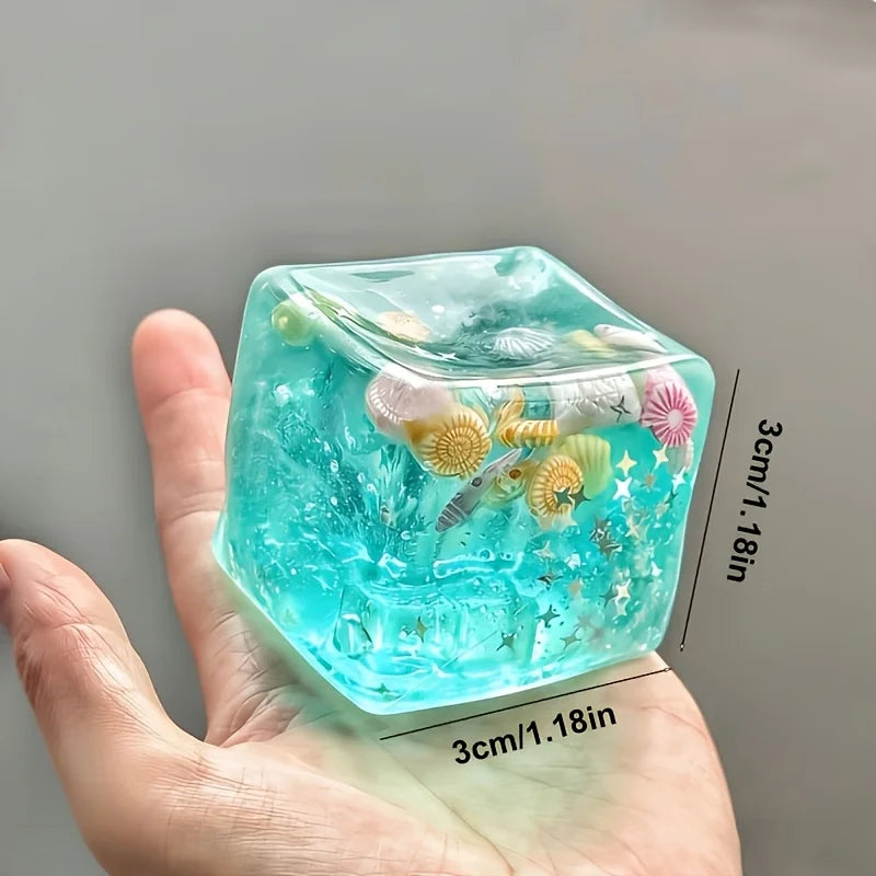 Blue ocean crystal squishy cube with shell sequins, soft jelly sensory fidget toy