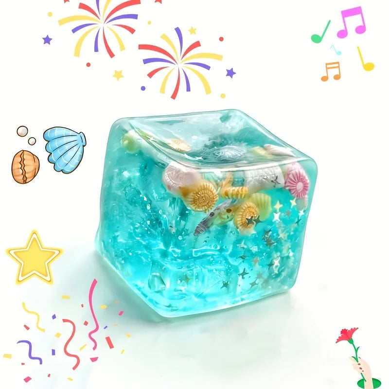 Blue ocean crystal squishy cube with shell sequins, soft jelly sensory fidget toy