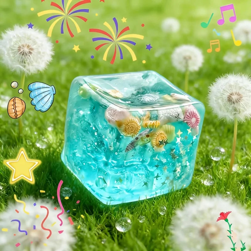 Blue ocean crystal squishy cube with shell sequins, soft jelly sensory fidget toy