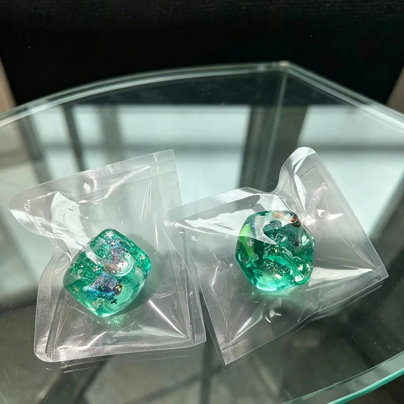 Blue ocean crystal squishy cube with shell sequins, soft jelly sensory fidget toy