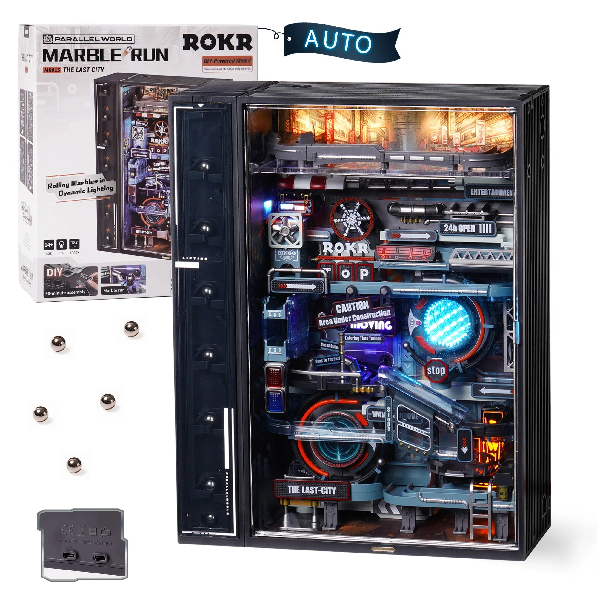Futuristic cyberpunk marble run kit, automatic 3D model track for adults