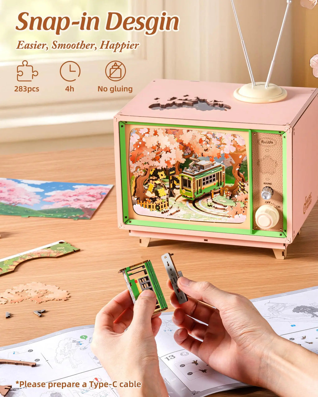 Sakura DIY music box 3D wooden puzzle with lights, assembled home decor