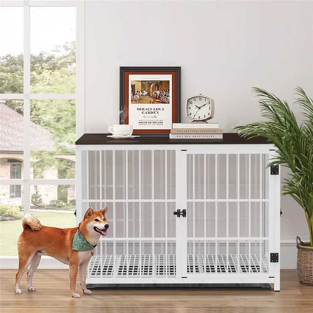 Furniture-style metal dog crate end table pet kennel with three doors and removable tray
