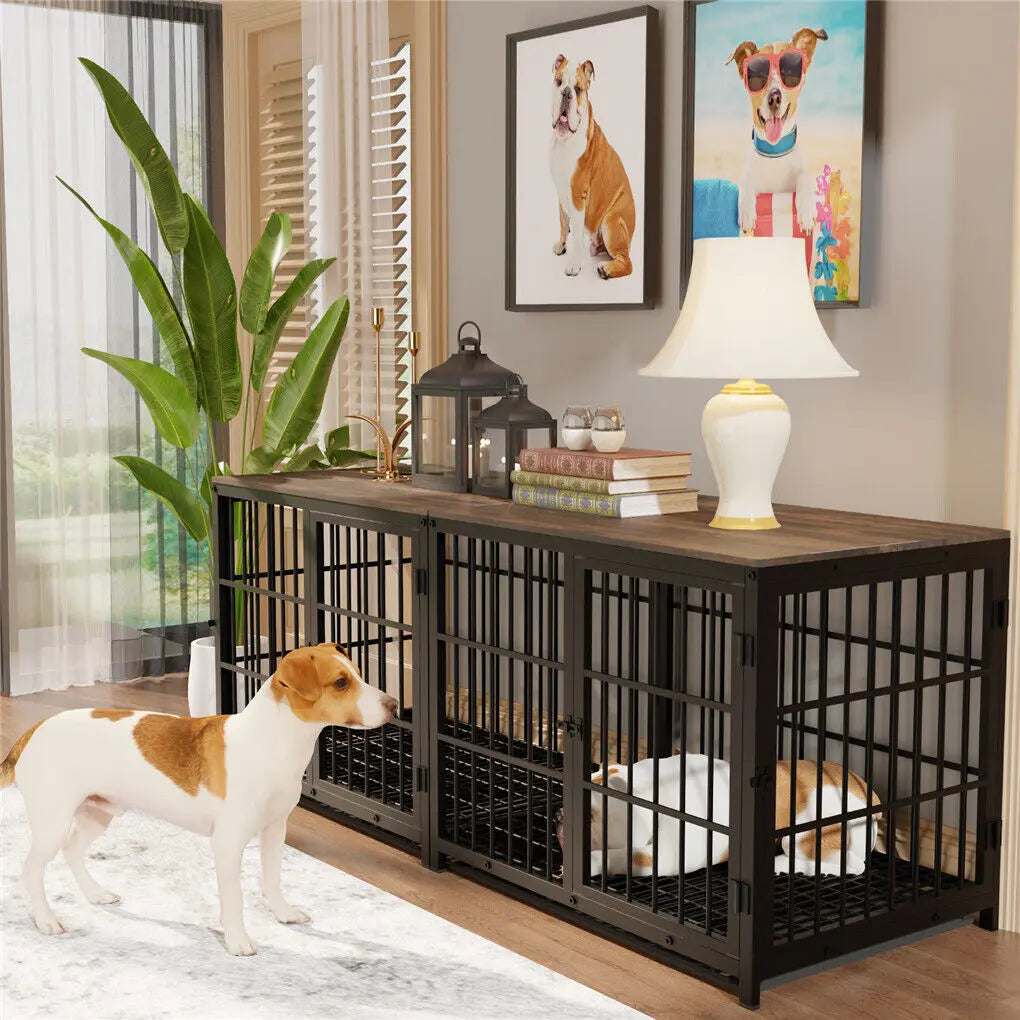 Furniture-style metal dog crate end table pet kennel with three doors and removable tray