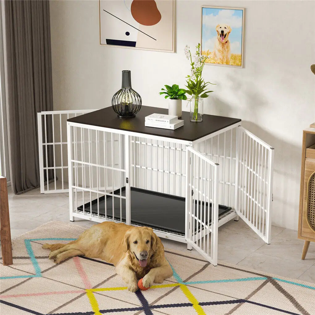 Furniture-style metal dog crate end table pet kennel with three doors and removable tray