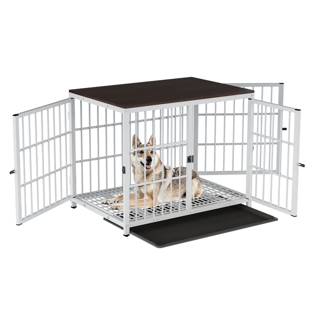 Furniture-style metal dog crate end table pet kennel with three doors and removable tray