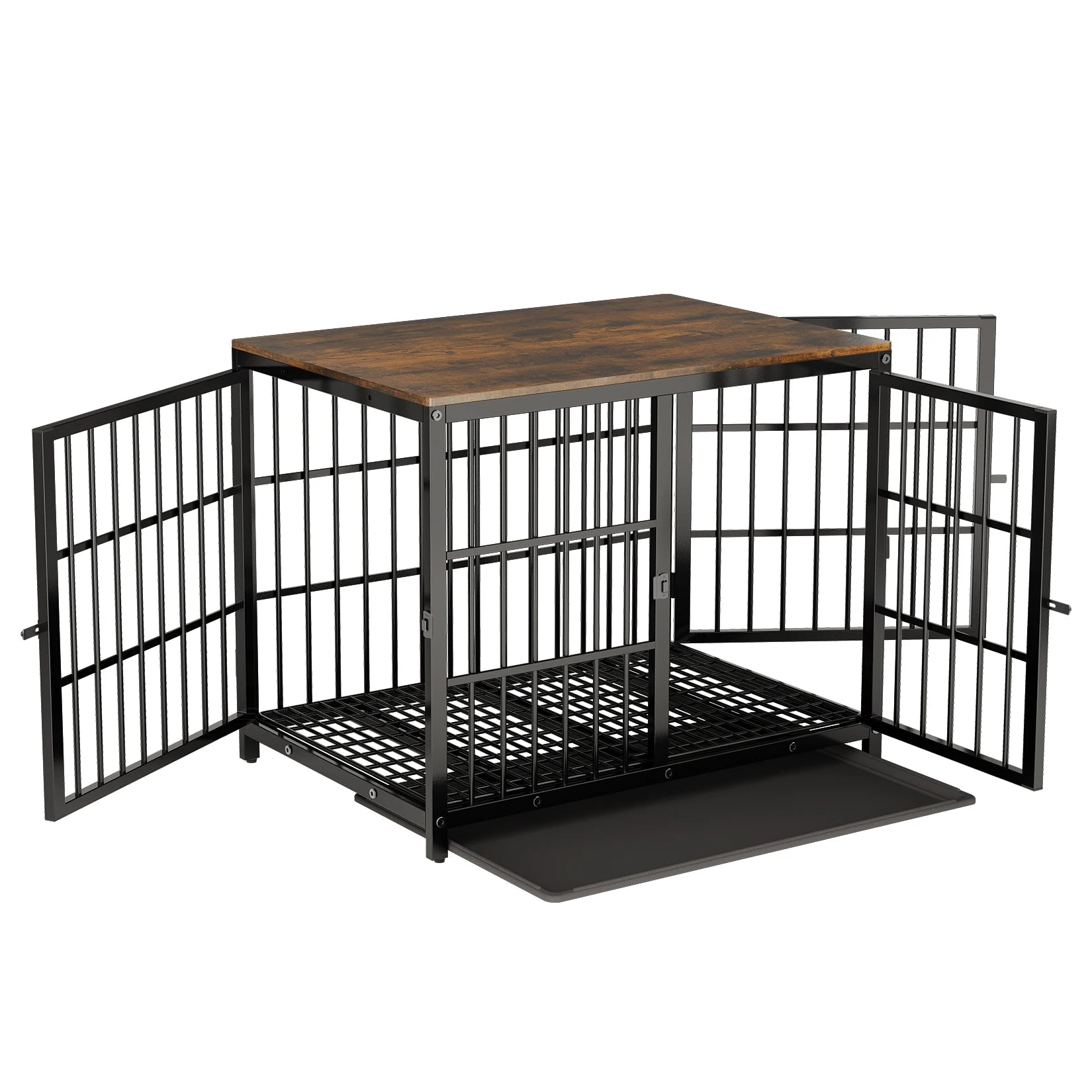 Furniture-style metal dog crate end table pet kennel with three doors and removable tray