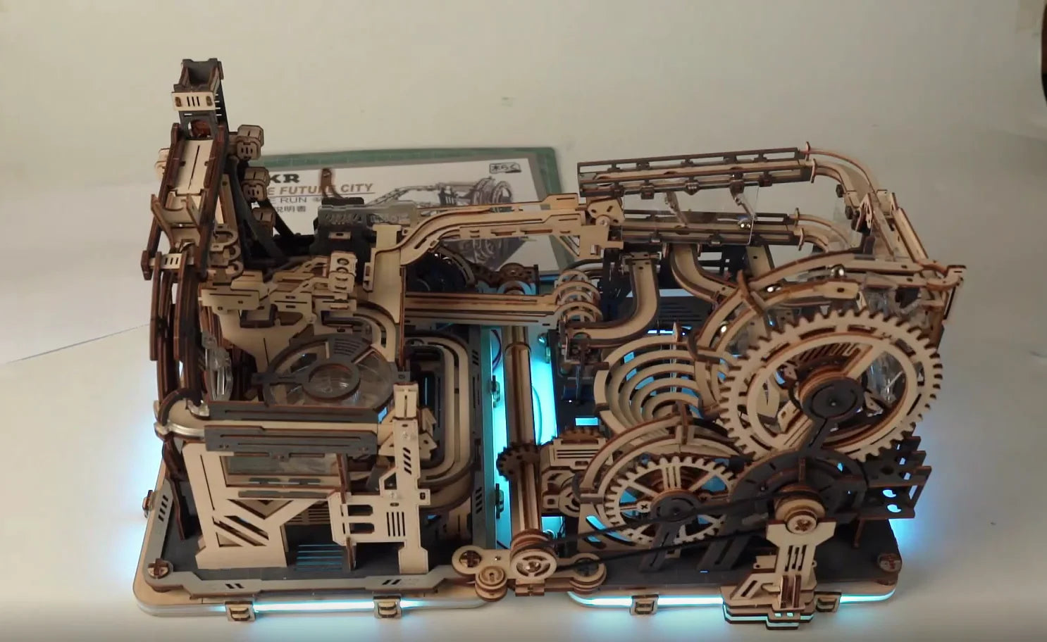 Electric light-up marble run spaceport, 3D wooden puzzle kit with sci-fi night city theme