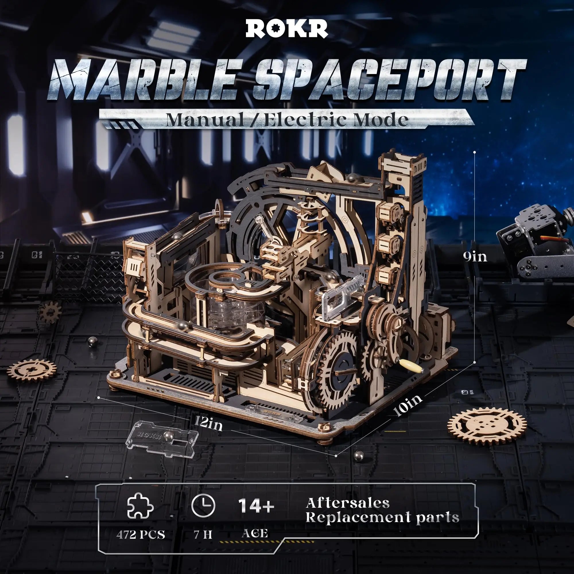 Electric light-up marble run spaceport, 3D wooden puzzle kit with sci-fi night city theme