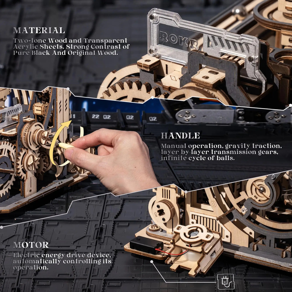 Electric light-up marble run spaceport, 3D wooden puzzle kit with sci-fi night city theme