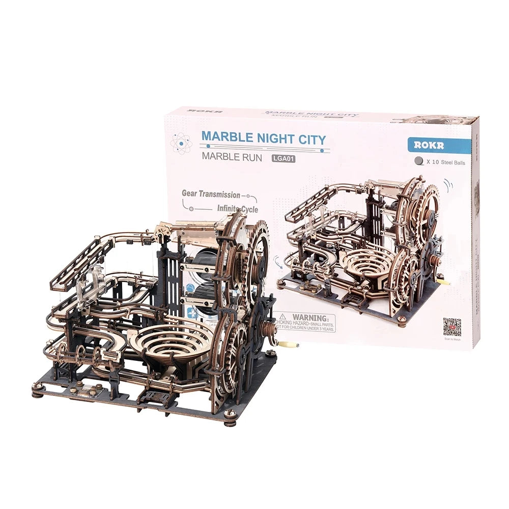 Electric light-up marble run spaceport, 3D wooden puzzle kit with sci-fi night city theme