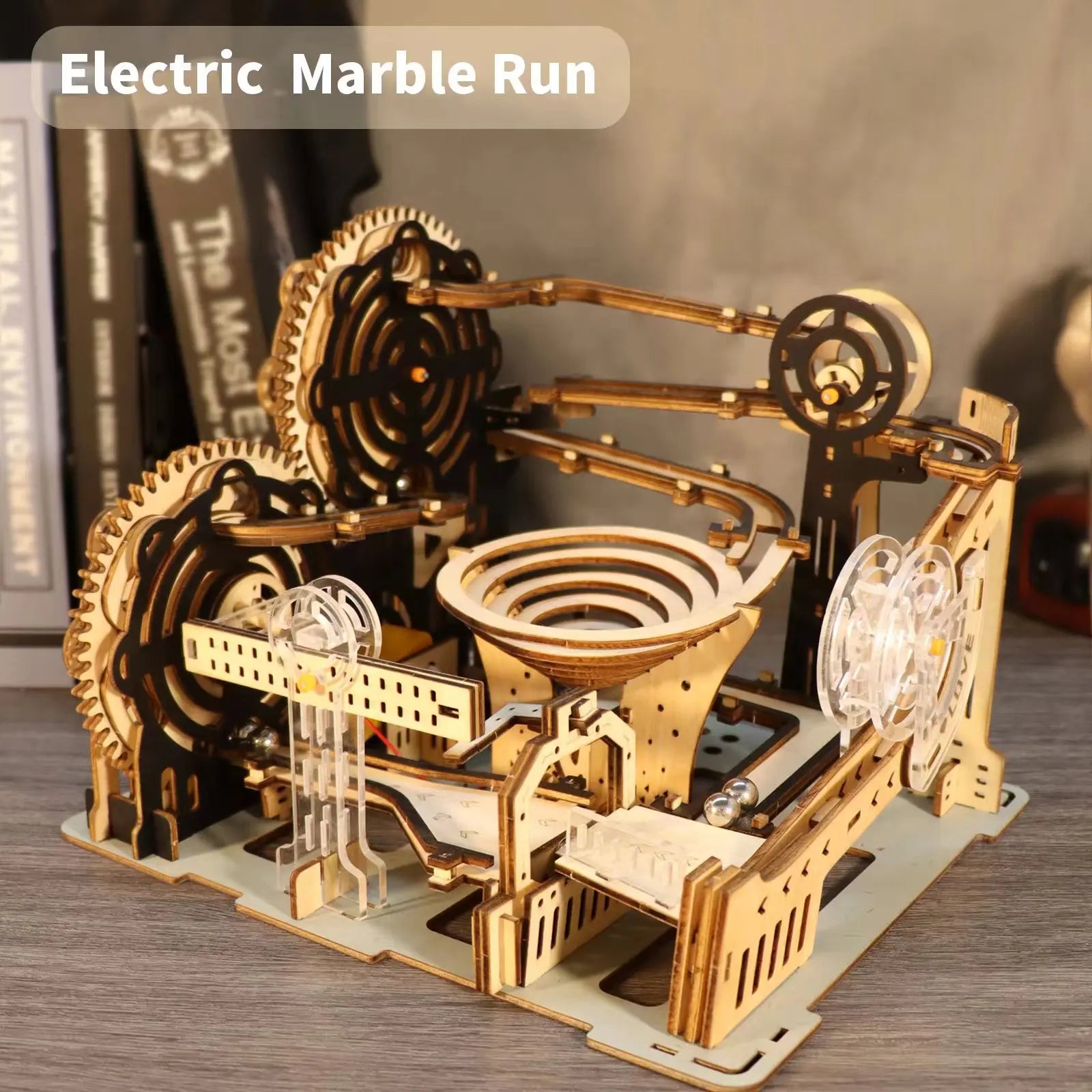 Electric 3D wooden marble run puzzle kit, motorized DIY brain teaser model for adults