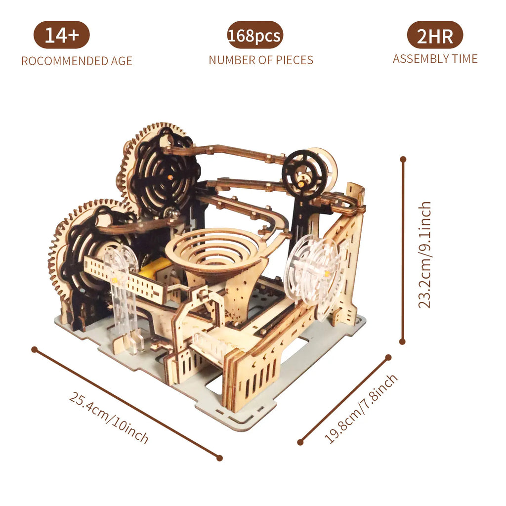 Electric 3D wooden marble run puzzle kit, motorized DIY brain teaser model for adults