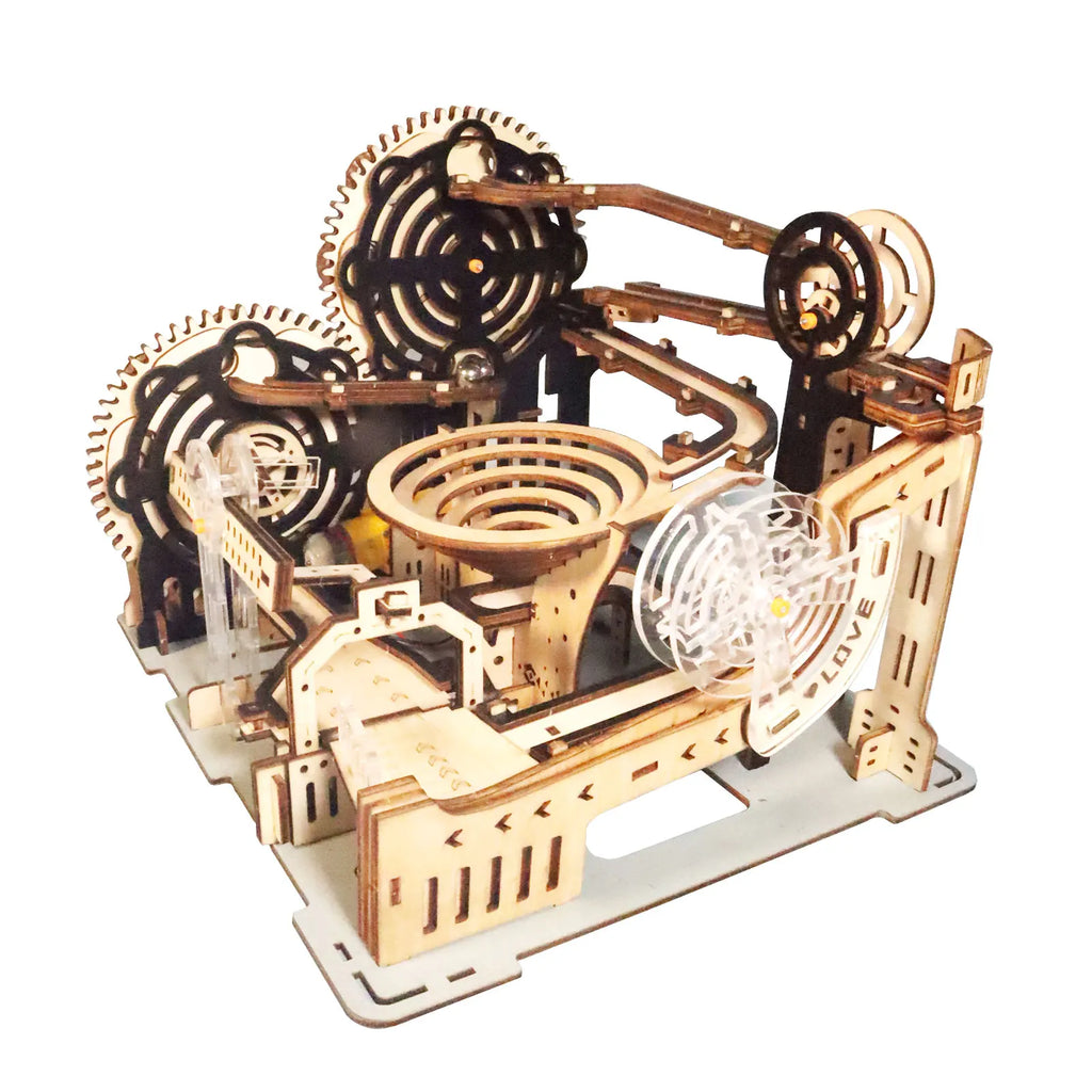 Electric 3D wooden marble run puzzle kit, motorized DIY brain teaser model for adults