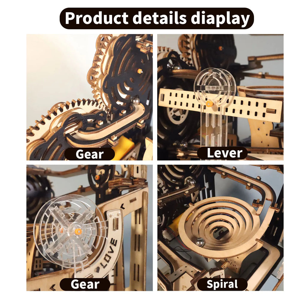 Electric 3D wooden marble run puzzle kit, motorized DIY brain teaser model for adults