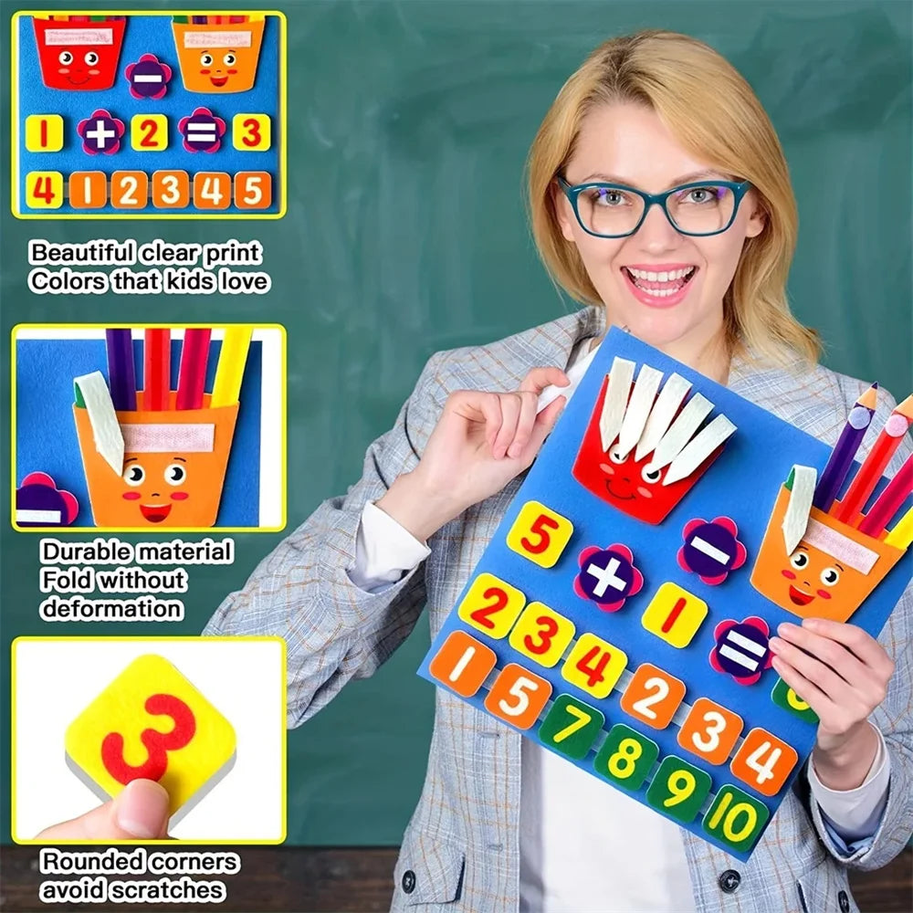 Felt learning board for kids with addition and subtraction math activities