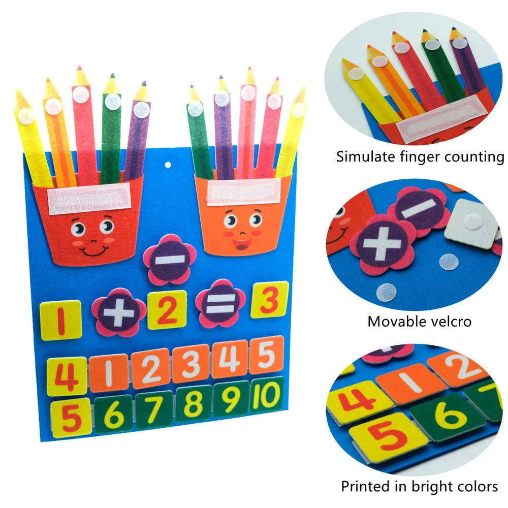 Felt learning board for kids with addition and subtraction math activities