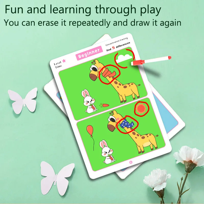 Reusable wipe-clean find the difference focus training game for kids, screen-free learning