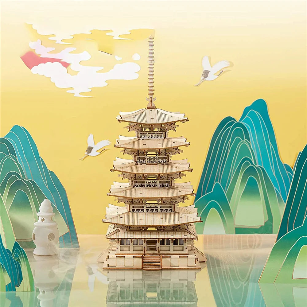 275-piece 3D wooden pagoda puzzle model kit, DIY architectural building