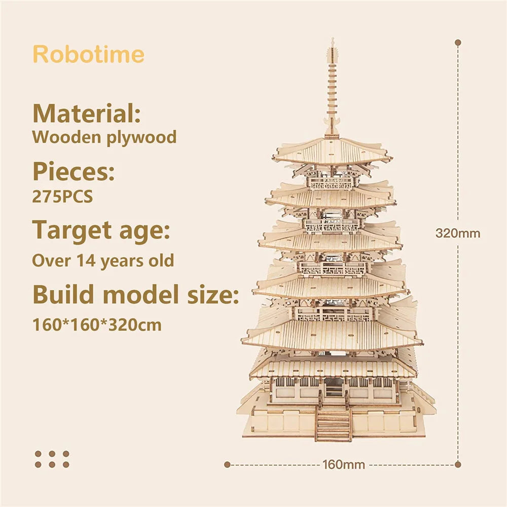 275-piece 3D wooden pagoda puzzle model kit, DIY architectural building