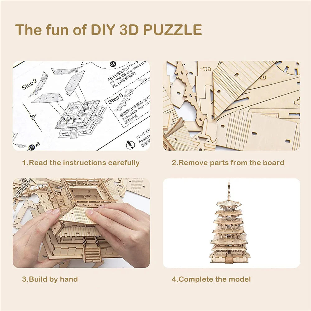275-piece 3D wooden pagoda puzzle model kit, DIY architectural building