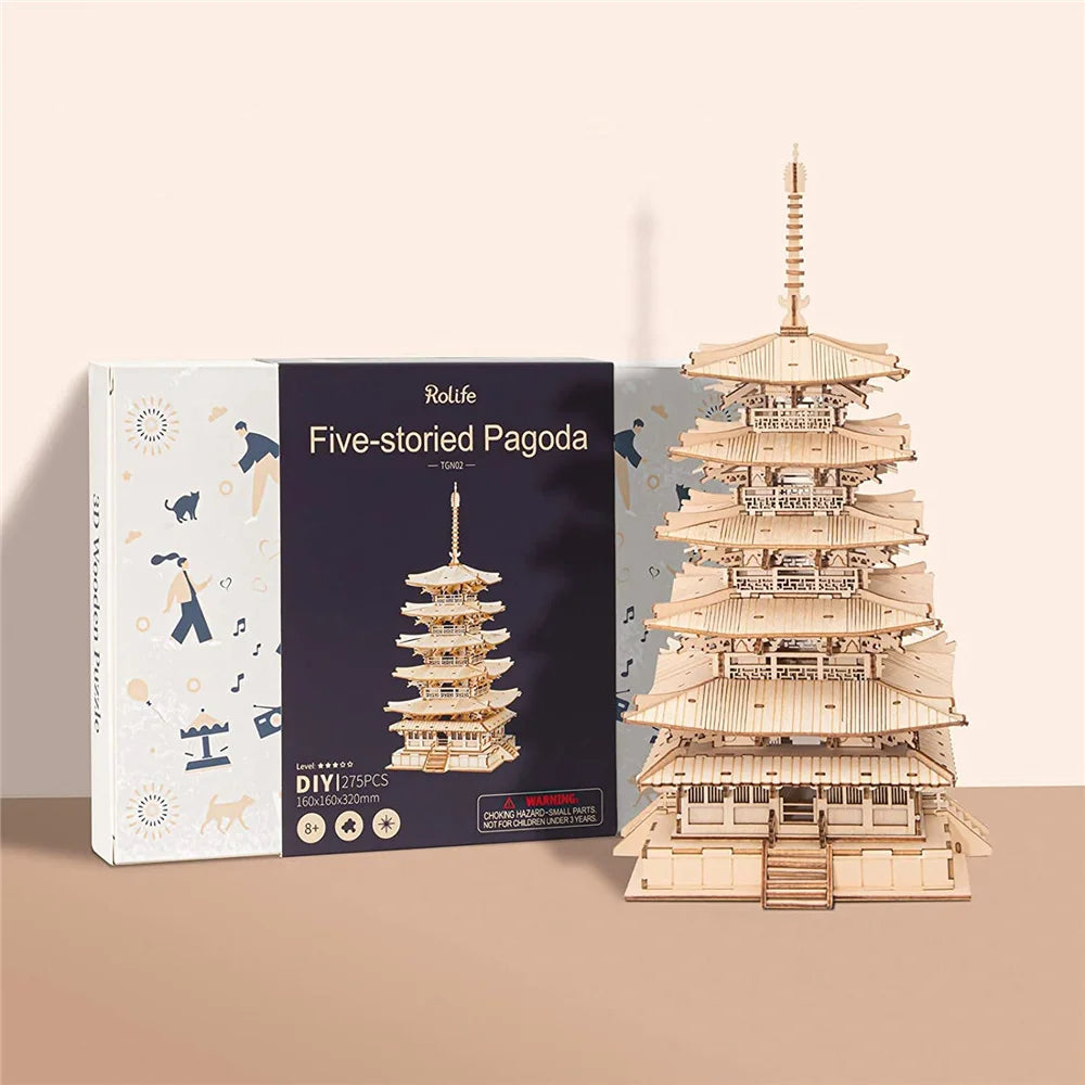 275-piece 3D wooden pagoda puzzle model kit, DIY architectural building