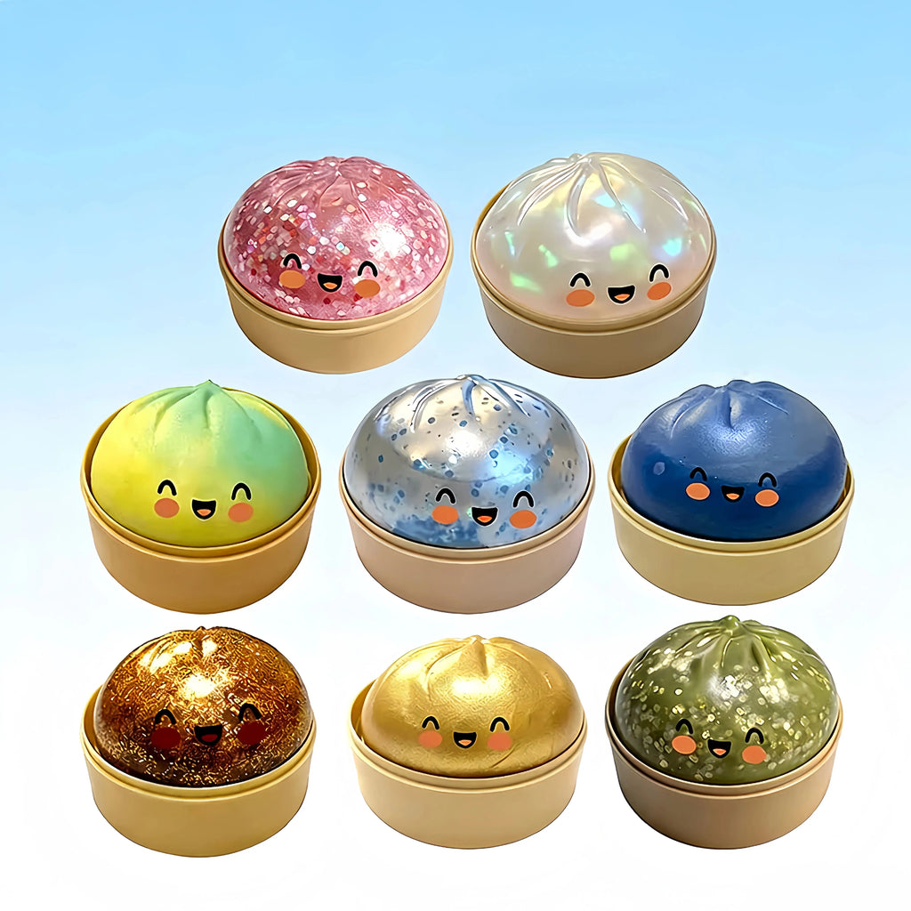Realistic giant dumpling squeeze toy with bamboo steamer, soft TPR stress relief decompression fidget