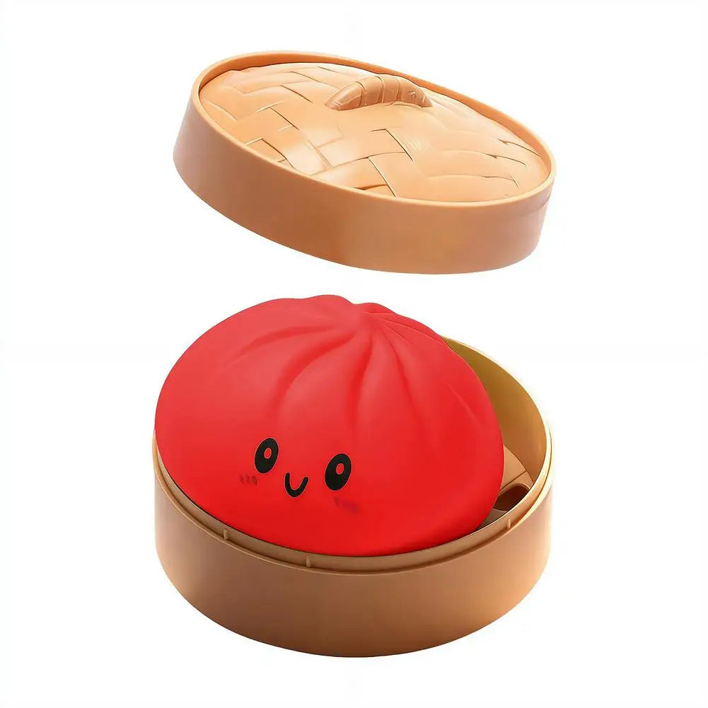 Realistic giant dumpling squeeze toy with bamboo steamer, soft TPR stress relief decompression fidget